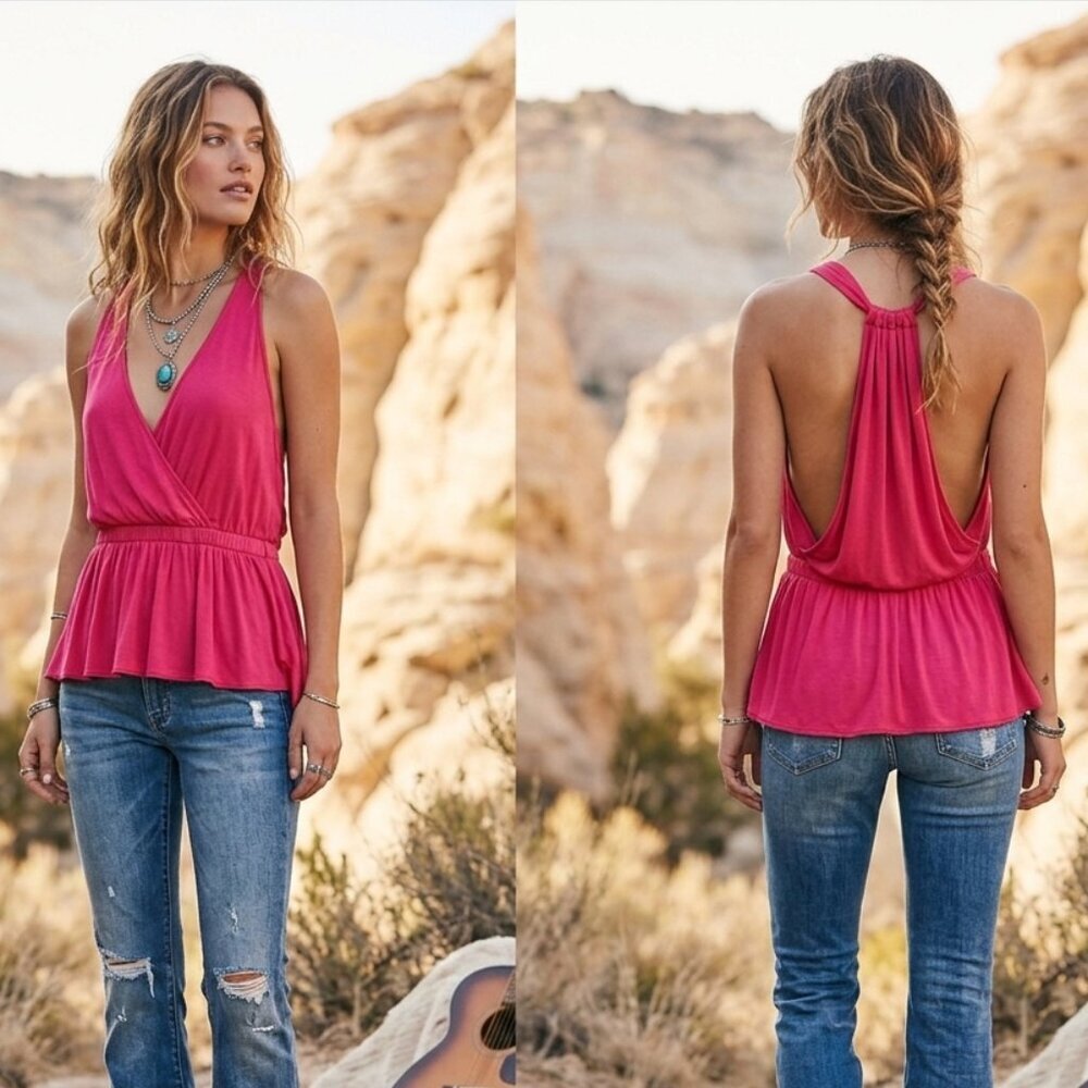 We The Free People Women's Surplice Peplum Tank Top Sleeveless Red Medium M